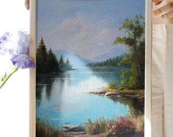 Forest Lake Oil Painting: Mountain Landscape Art, 30x40cm