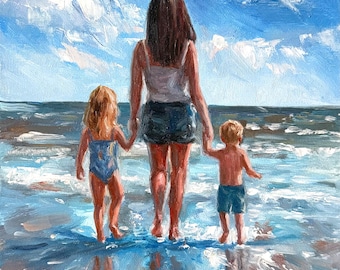 Hand Painted Oil Painting of Mother and Children, Custom Family Portrait, Impressionist Style, Beach Wall Art