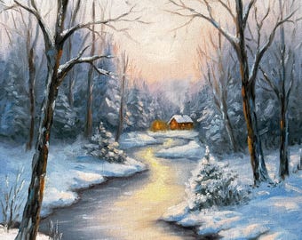 Custom Oil Painting from Photo – Hand-Painted Forest Cabin Decor, Winter Landscape, Personalized Gift