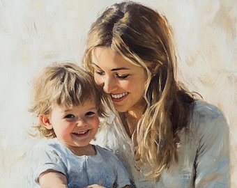 May include: An oil painting depicting a smiling adult with long blonde hair and a child with short blonde hair. Both figures are wearing light blue shirts. The brushstrokes are visible, creating a textured, soft appearance against a neutral background.