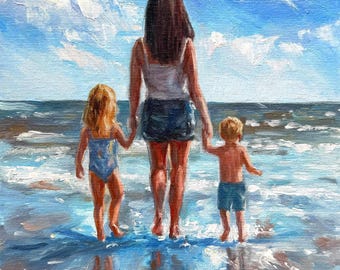 Hand Painted Oil Painting of Mother and Children, Custom Family Portrait, Impressionist Style, Beach Wall Art