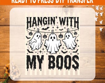 Striped Hangin With My Boos DTF Transfer Ready to Press, Cute Ghost Halloween Heat Transfer, Spooky Ghost Shirt Design Decal