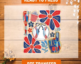 Game Day Baseball Floral DTF Transfer: Americana Sports Design