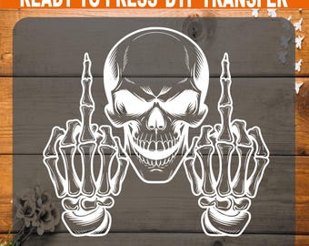 Skull Middle Finger DTF Transfer: Halloween Ready-To-Press Heat Transfer