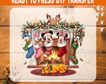 Disney Christmas Stockings DTF Transfer, Mickey Fireplace Iron On, Ready to Press