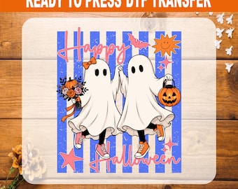 Happy Halloween DTF Transfer Ready to Press, Blue Striped Ghost Couple Heat Transfer, Cute Spooky Couple Shirt Iron On Decal