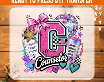 School Counselor DTF, Pink Glitter Disco Ball Heat Transfer Ready to Press, Cute Back to School Counselor T-Shirt Design Decal
