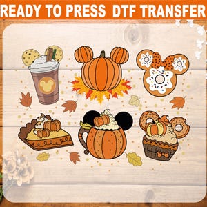 May include: A collection of fall-themed DTF transfers featuring cartoon pumpkins, donuts, and a coffee cup, all with Mickey Mouse ears. The transfers include the text "READY TO PRESS DTF TRANSFER" in orange. The designs are surrounded by fall leaves.