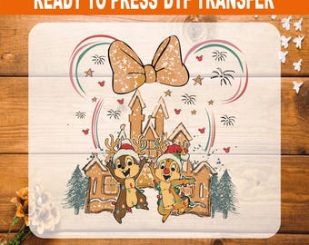 Chip and Dale Christmas DTF Transfer, Gingerbread Castle Iron On, Ready to Press