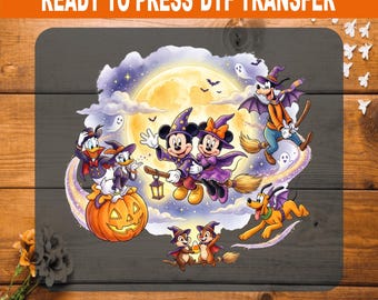 Disney Halloween Flying Witch DTF Transfer, Mickey Minnie Flying Broom Iron On, Spooky Ready to Press