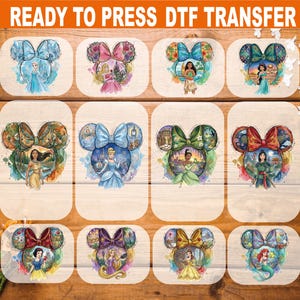 May include: A collection of DTF (Direct to Film) transfer designs featuring Disney princess-themed Mickey Mouse ears. Each design showcases a different princess, with vibrant colors and detailed illustrations. The text "READY TO PRESS DTF TRANSFER" is at the top.