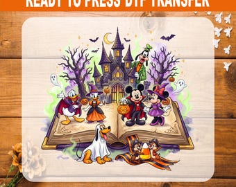 Disney Halloween Storybook DTF Transfer, Mickey Friends Spooky Book Iron On Transfer, Haunted Castle Ready to Press