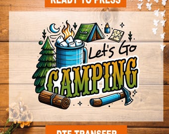 Könnte beinhalten: Eine farbenfrohe Illustration von Campingausrüstung, darunter ein Zelt, eine Karte, ein Lagerfeuer und eine Tasse heiße Schokolade mit Marshmallows. Der Text "Let's Go Camping" ist in einer fetten, grünen Schrift geschrieben.