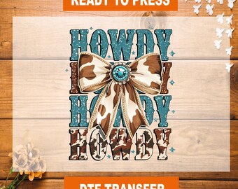 Western Coquette Howdy DTF Transfer: Turquoise Cowhide, Ready To Press
