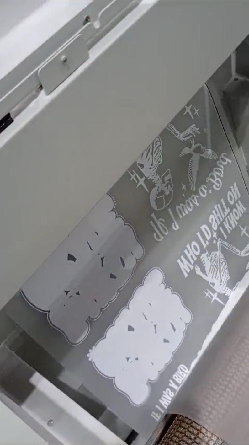 May include: A grey sheet with white graphics and text is inside a white machine. The sheet has a cloud-like shape with the text "If I was a bird" and other graphics including a skeleton and a bird.
