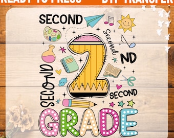 May include: A colorful DTF transfer design for second grade. The design features a large number 2 shaped like a pencil, surrounded by school-themed illustrations and the words "SECOND GRADE". The design includes a paper airplane, sun, and stars.