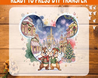 Chip and Dale Christmas DTF Transfer Ready to Press, Disney Main Street Castle Heat Transfer, Merry Christmas Vacation Shirt Iron On Decal