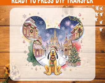 Pluto Christmas DTF Transfer Ready to Press, Disney Main Street Castle Heat Transfer, Merry Christmas Vacation Shirt Iron On Decal