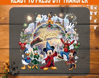 Disney Epcot Christmas DTF Transfer Ready to Press, Sorcerer Mickey Spaceship Earth Heat Transfer, Holiday Disney Vacation T-Shirt Decal