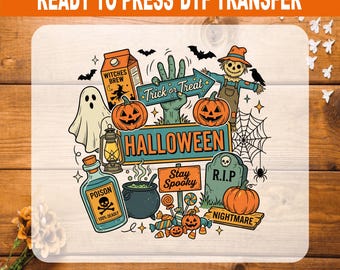 Retro Halloween DTF Transfer Ready to Press, Vintage Spooky Collage Heat Transfer, Trick or Treat Stay Spooky Shirt Iron On Decal