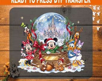 Disney Snow Globe DTF Transfer, Mickey Castle Christmas Iron On, Ready to Press