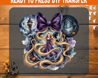 Spooky Rapunzel DTF Transfer Ready to Press, Minnie Bow Halloween Tangled Heat Transfer for Shirts, Mother Gothel Tower Pumpkin Iron On