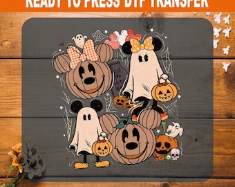 Vintage Disney Halloween Ghost Pumpkin DTF Transfer, Mickey Minnie Spooky Season Iron On, Ready to Press