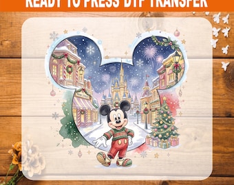 Mickey Mouse Christmas DTF Transfer Ready to Press, Disney Main Street Castle Heat Transfer, Merry Christmas Vacation Shirt Iron On Decal