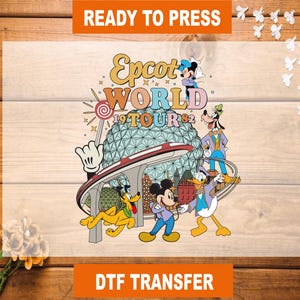 May include: A colorful iron-on transfer design featuring Mickey Mouse and other Disney characters in front of the Epcot World Showcase. The text reads "Epcot World 19 Tour 82".