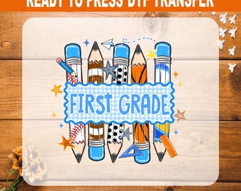 First Grade DTF Transfer Ready to Press, Sports Pencil Back to School Heat Transfer for Shirts, Basketball Baseball Soccer Boy Iron On