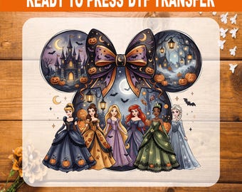 Disney Princess Halloween DTF Transfer Ready to Press, Spooky Princesses Disney Castle Heat Transfer, Minnie Ears Shirt Iron On Decal