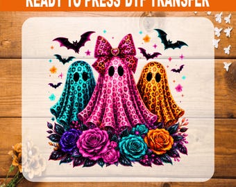Pink Leopard Ghost Halloween DTF Transfer Ready to Press, Coquette Bow Ghost Heat Transfer, Spooky Floral Girly T-Shirt Design Iron On