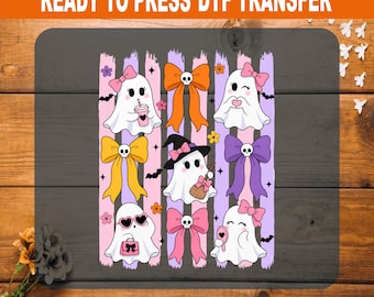 Striped Halloween DTF, Coquette Pink Bows Cute Ghost Heat Transfer Ready to Press, Girly Spooky Season Women T-Shirt Design Decal