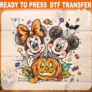 May include: DTF transfer featuring Mickey and Minnie Mouse with a jack-o'-lantern, spiderwebs, and Halloween candy. The image includes a ghost, bat, and the text "READY TO PRESS DTF TRANSFER" in orange.