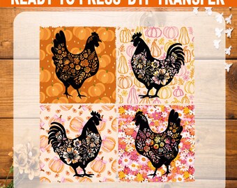 May include: Four DTF transfer designs featuring black rooster and hen silhouettes filled with floral patterns. The backgrounds include pumpkins and flowers in orange, pink, and white. The text "READY TO PRESS DTF TRANSFER" is at the top.