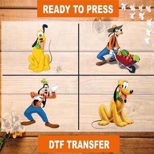 May include: Four different designs of Disney characters, including Mickey Mouse and Pluto, ready to be pressed onto fabric using a DTF transfer method. "Ready to Press" and "DTF Transfer" text is included in the image.
