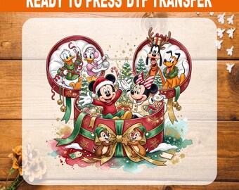 Disney Christmas Gift Box DTF Transfer, Mickey Holiday Present Iron On, Ready to Press