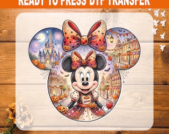 Minnie Mouse Halloween DTF Transfer Ready to Press, Cute Pumpkin Minnie Bow Disney Castle Heat Transfer, Spooky Ears Shirt Iron On Decal