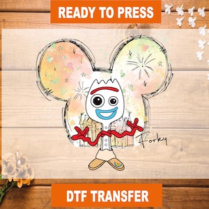 May include: A digital design featuring a cartoon image of Forky from the Toy Story movie series. Forky is wearing a red shirt and is standing in front of a stylized drawing of Mickey Mouse ears. The design includes the text "Forky" and "DTF Transfer".
