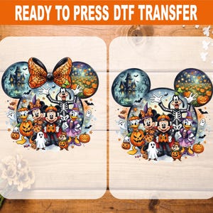 May include: Two Ready to Press DTF transfers featuring a Mickey Mouse-shaped silhouette filled with cartoon characters in Halloween costumes, including a skeleton, a witch, and pumpkins, set against a haunted house and pumpkin patch background.