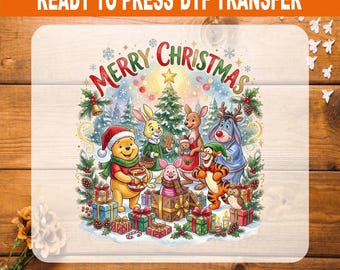 Pooh Bear Christmas DTF Transfer, Winnie The Pooh Holiday Iron On, Ready to Press