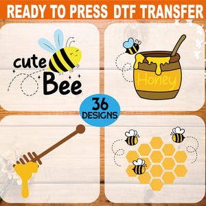 May include: A collection of four designs featuring bees and honey-related graphics. Includes a cute bee with the text "cute Bee", a honey pot, a honey dipper, and a honeycomb with bees. The text "36 Designs" is also present.