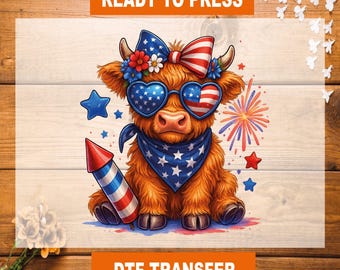 4th of July Highland Cow DTF Transfer: Patriotic Baby Cow
