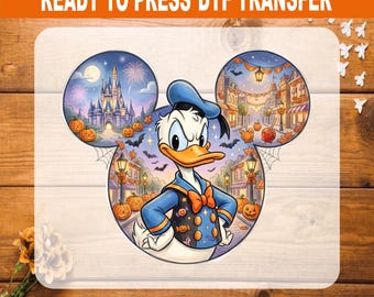 Donald Duck Halloween DTF Transfer Ready to Press, Cute Donald Duck Disney Castle Heat Transfer, Spooky Mickey Ears Shirt Iron On Decal