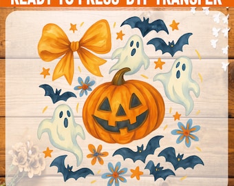 Halloween DTF Transfer: Spooky Pumpkin Ghost, Coquette Bow, Ready To Press