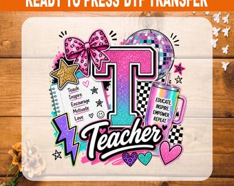 Teacher DTF, Pink Glitter Disco Ball Heat Transfer Ready to Press, Cute Back to School Teacher T-Shirt Design Decal