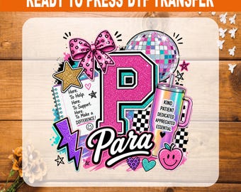 Groovy Para DTF Transfer, Pink Bow Glitter P Paraprofessional Ready to Press, Paraeducator Teacher Assistant T-Shirt Iron On Decal