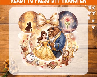 Watercolor Princess Belle DTF Transfer, Mickey Head Beauty and Beast Heat Transfer Ready to Press, Disney Vacation Mrs Potts Chip Iron On