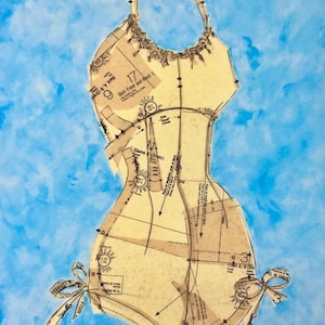 May include: A watercolor painting of a swimsuit pattern on a light blue background. The pattern is made of brown paper with black lines and text, including "Vogue Pattern" and "Skirt Front and Back C".