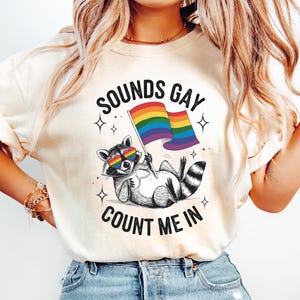 Funny Pride Raccoon Tee, LGBTQ Cute Animal Shirt, Sounds Gay Count Me In T-Shirt, Rainbow Flag Sweatshirt, Queer Pride Humor Shirt
